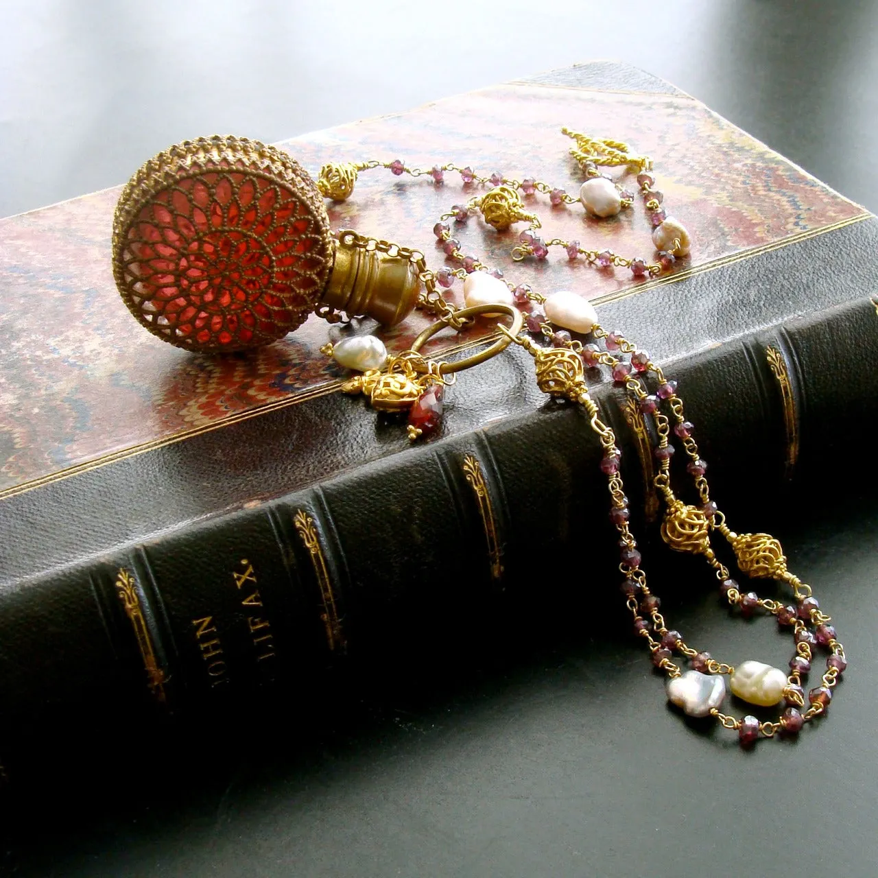 Mystic Garnet Keshi Pearls Cranberry Glass Chatelaine Scent Bottle Necklace - Alora Necklace
