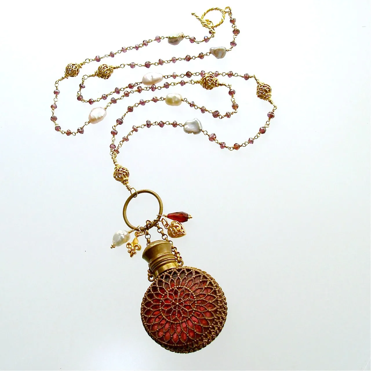 Mystic Garnet Keshi Pearls Cranberry Glass Chatelaine Scent Bottle Necklace - Alora Necklace