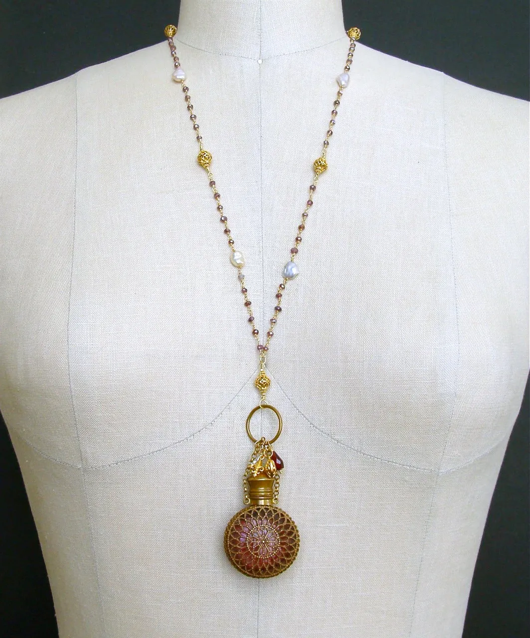 Mystic Garnet Keshi Pearls Cranberry Glass Chatelaine Scent Bottle Necklace - Alora Necklace