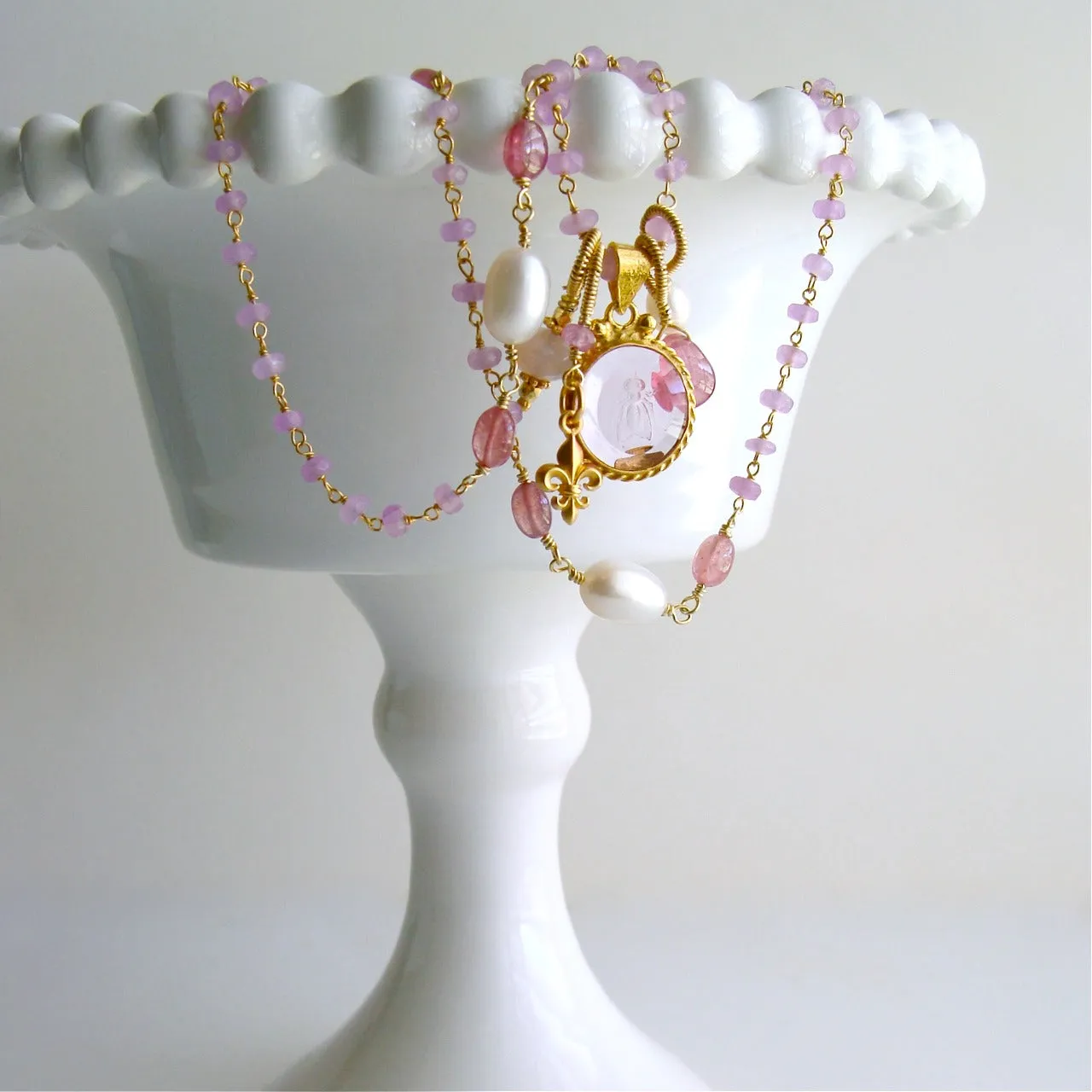 Napoleonic Bee Venetian Glass Intaglio Orchid Chalcedony Pink Sapphire Pearls Necklace - Peu d’Abelle III Necklace