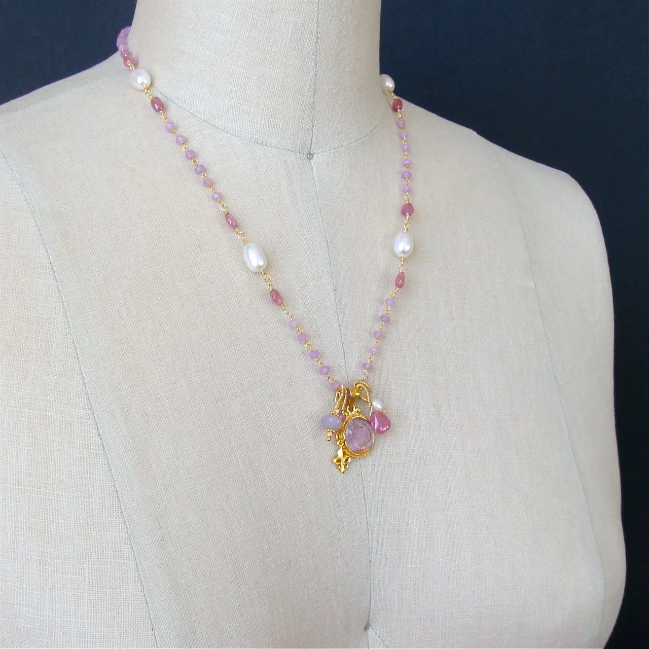 Napoleonic Bee Venetian Glass Intaglio Orchid Chalcedony Pink Sapphire Pearls Necklace - Peu d’Abelle III Necklace