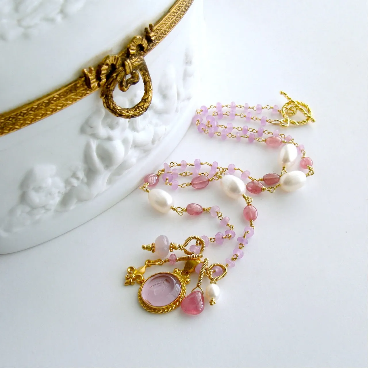 Napoleonic Bee Venetian Glass Intaglio Orchid Chalcedony Pink Sapphire Pearls Necklace - Peu d’Abelle III Necklace