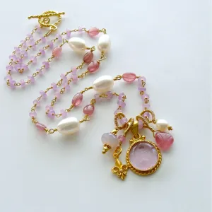 Napoleonic Bee Venetian Glass Intaglio Orchid Chalcedony Pink Sapphire Pearls Necklace - Peu d’Abelle III Necklace