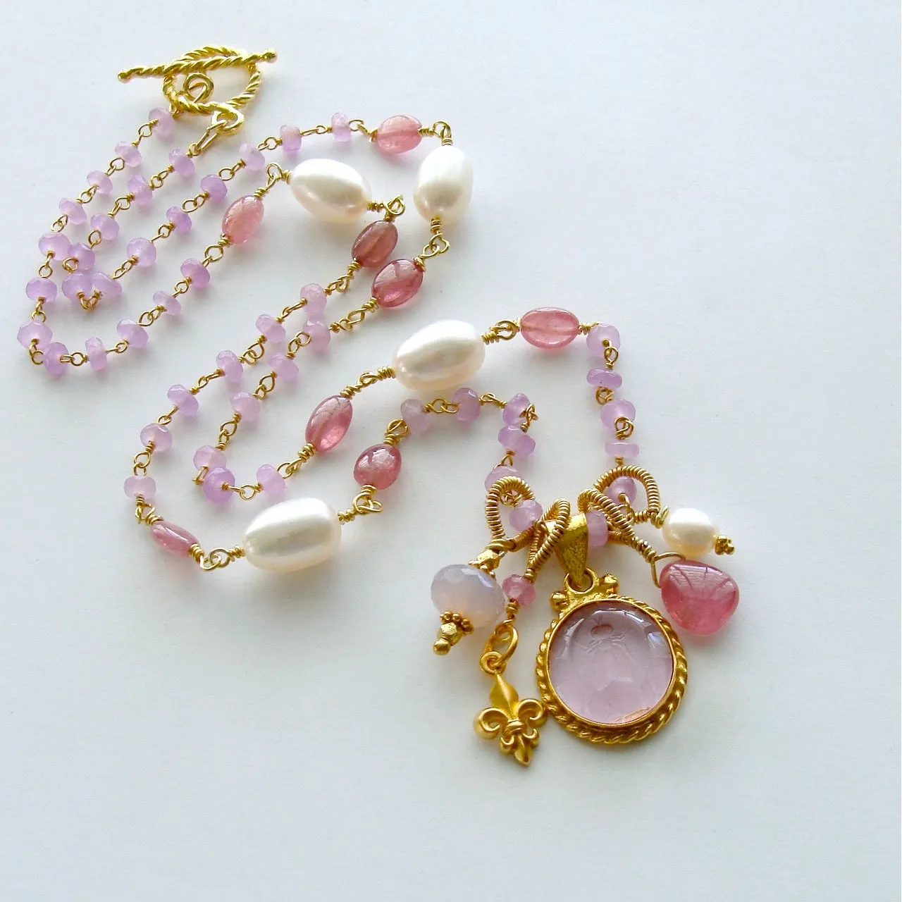 Napoleonic Bee Venetian Glass Intaglio Orchid Chalcedony Pink Sapphire Pearls Necklace - Peu d’Abelle III Necklace