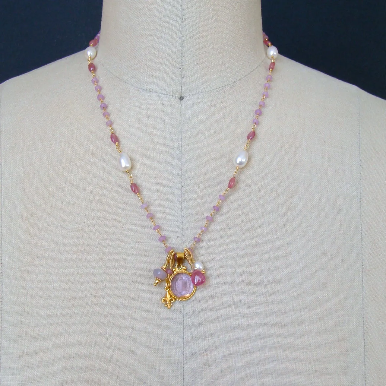 Napoleonic Bee Venetian Glass Intaglio Orchid Chalcedony Pink Sapphire Pearls Necklace - Peu d’Abelle III Necklace