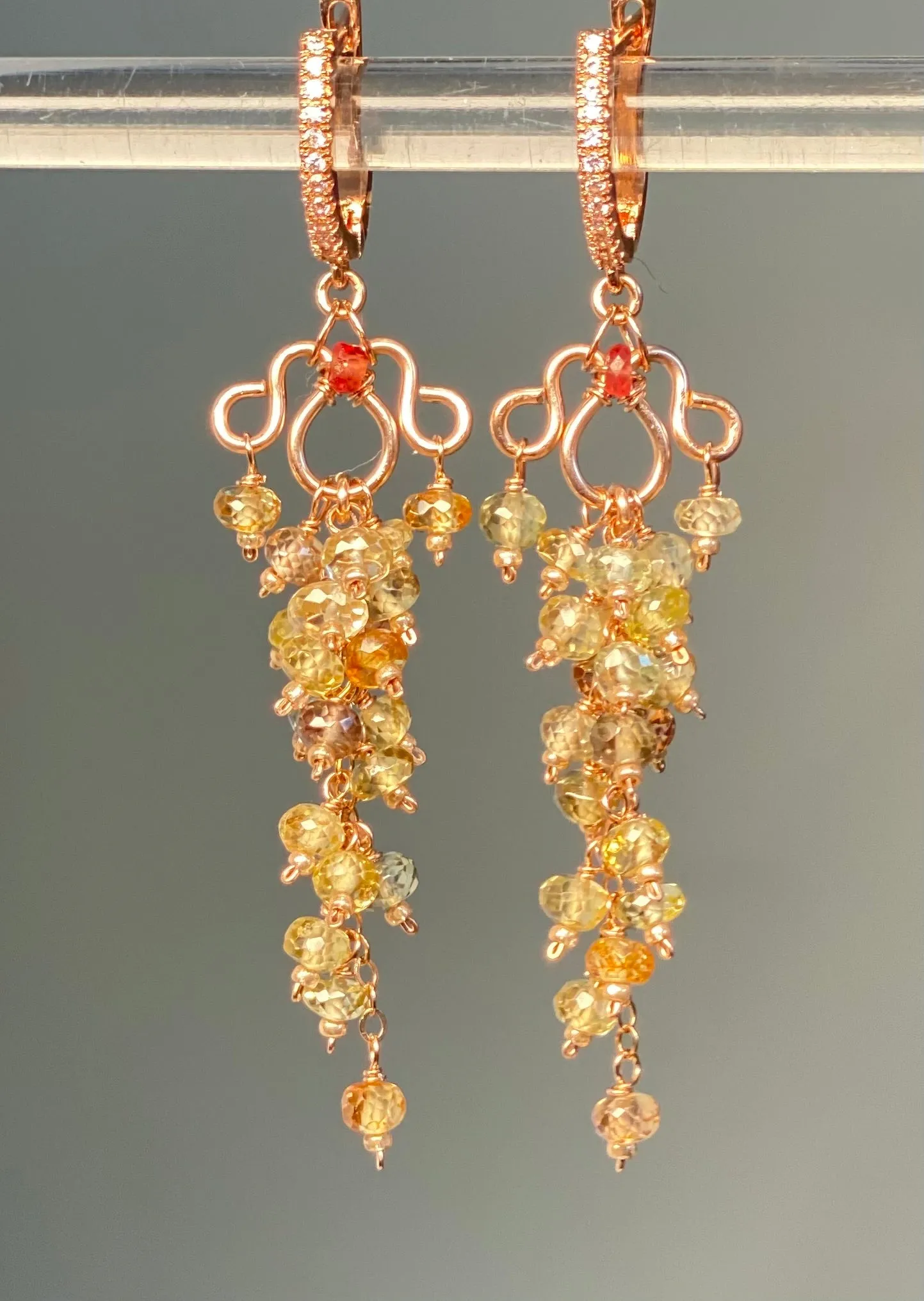 Natural Gemstone Zircon Cluster Dangle Earrings Rose Gold Fill