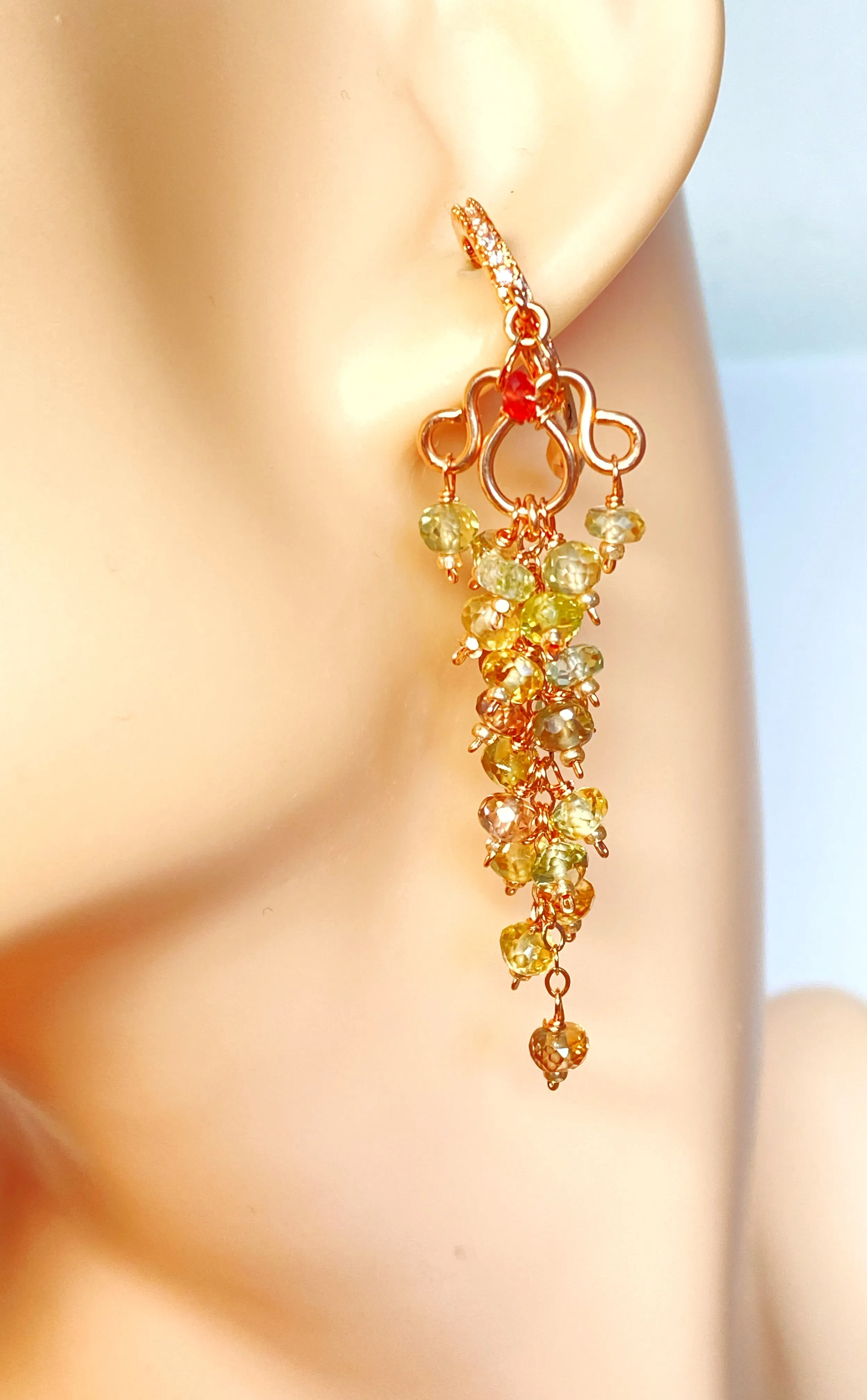 Natural Gemstone Zircon Cluster Dangle Earrings Rose Gold Fill