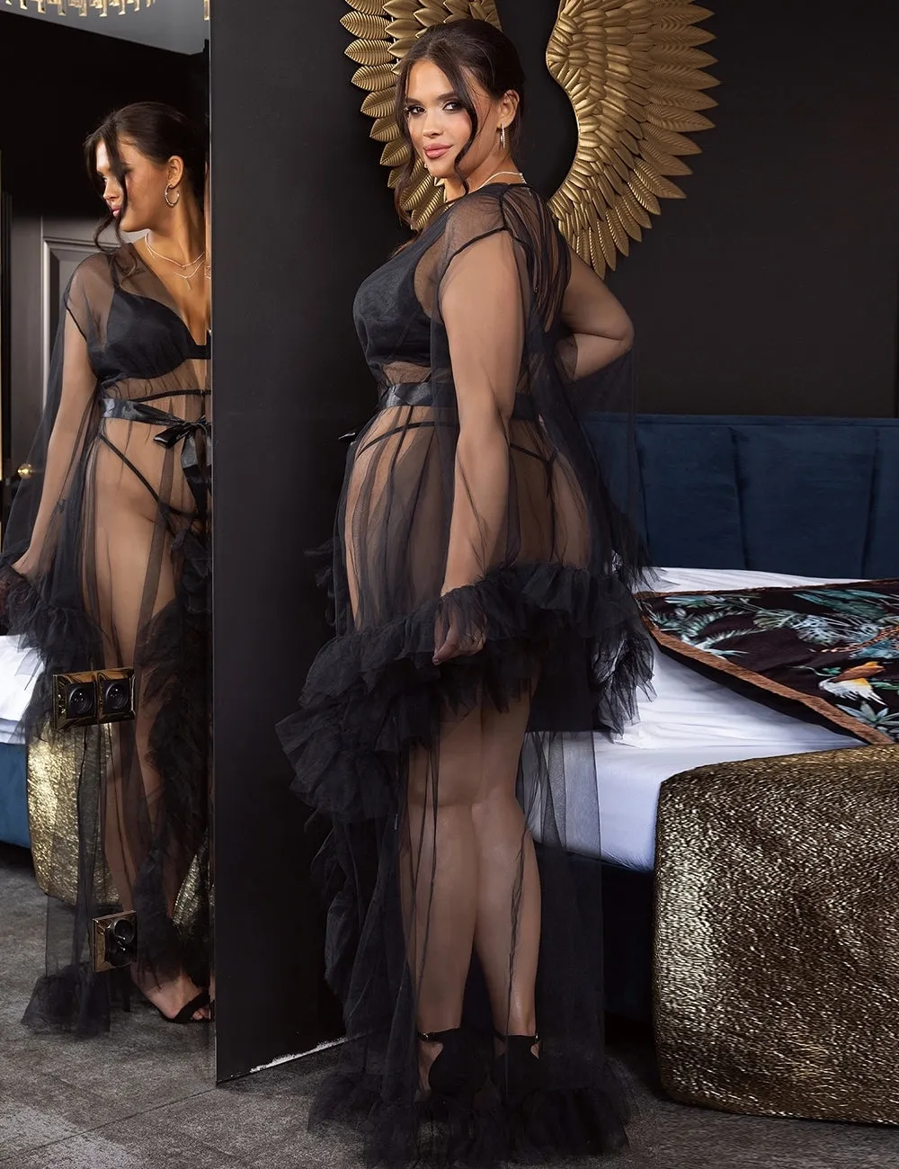 New Long White & Black Sexy Ruffled Trumpet Sleeves Robe With Belt
