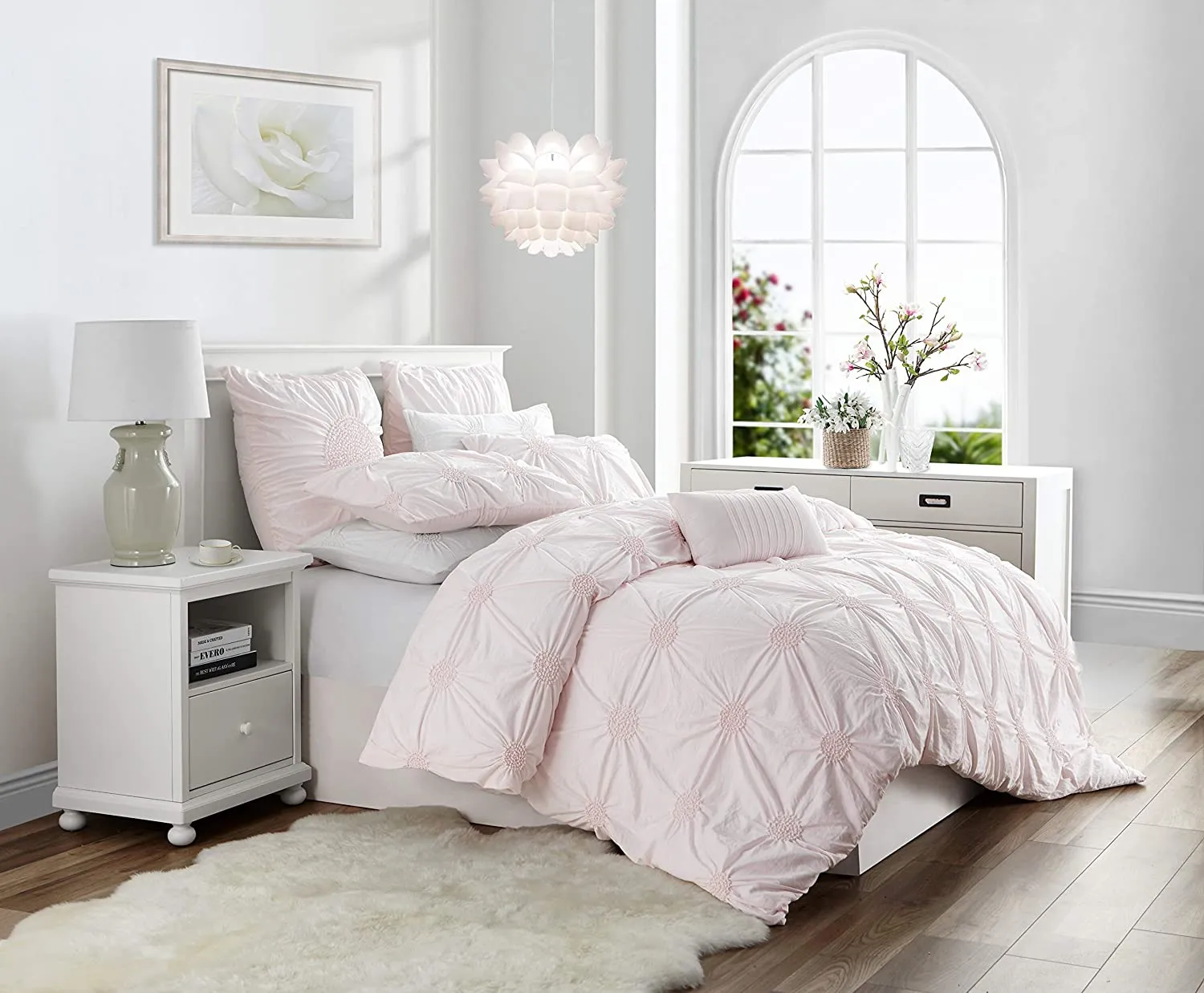 New Wayfair Ultra Soft Ruched Pintuck Rosette Blush Duvet Cover Set by Krinkle in Double/Queen!