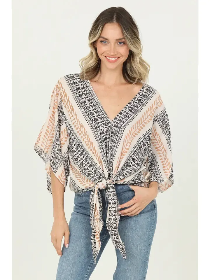 Nostalgia Printed Short Sleeve Tie Front Top