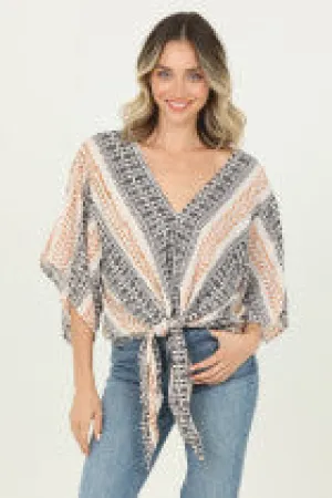Nostalgia Printed Short Sleeve Tie Front Top