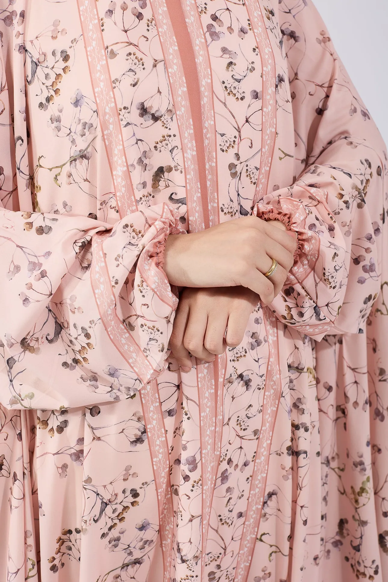 Nouria Satin Floral Prayer Gown with Delicate Floral Print and Elastic Cuffs