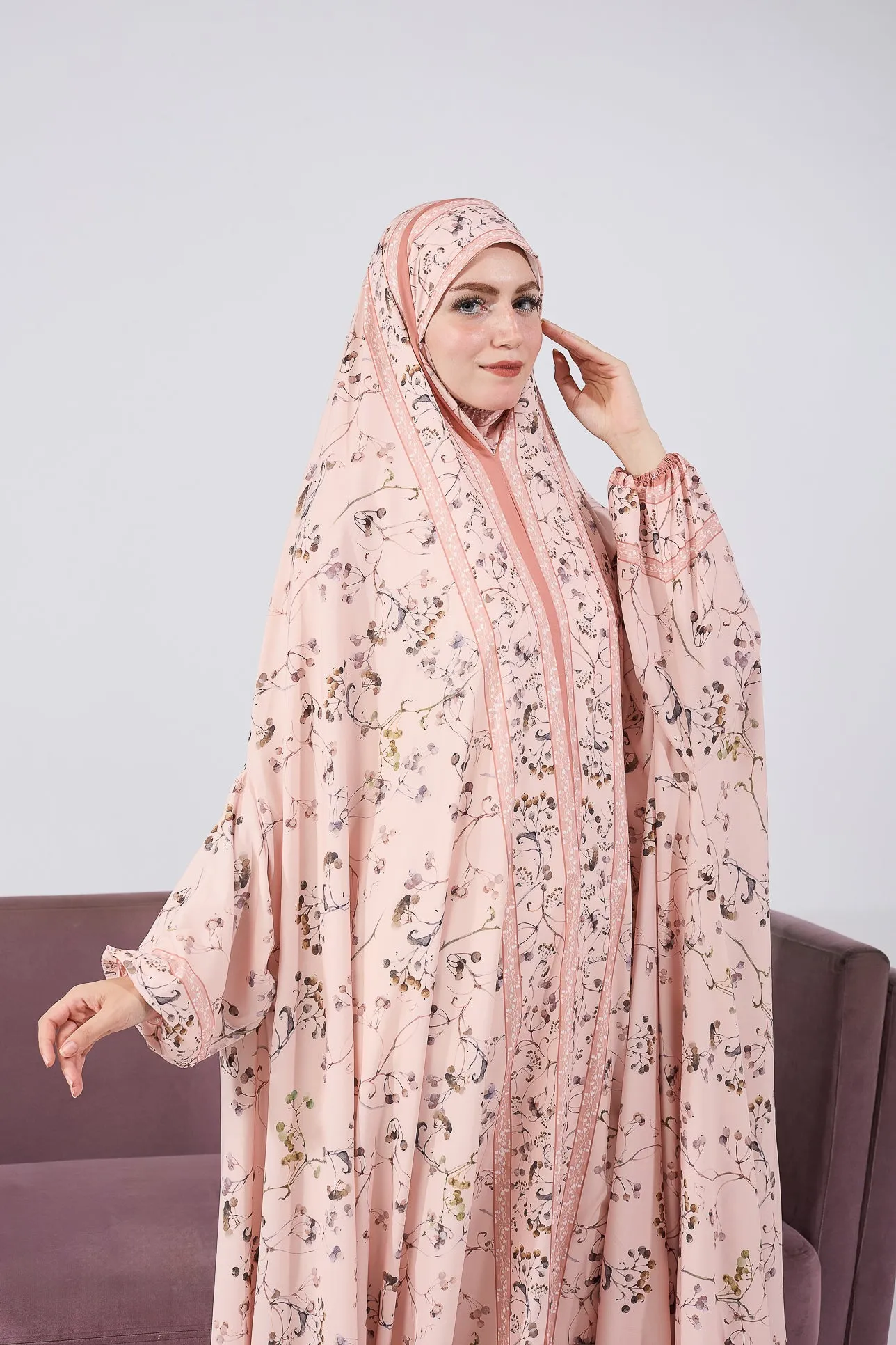 Nouria Satin Floral Prayer Gown with Delicate Floral Print and Elastic Cuffs