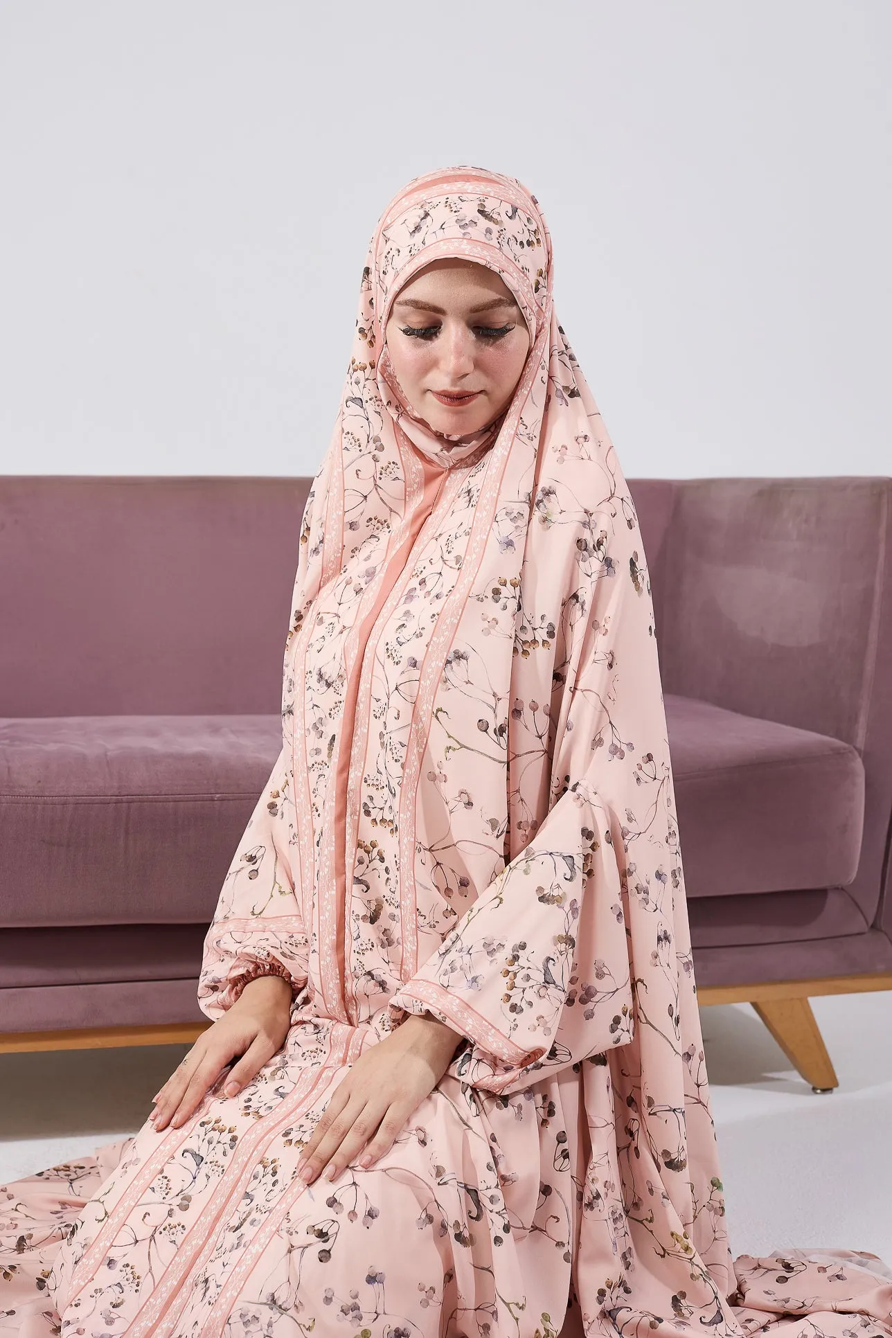 Nouria Satin Floral Prayer Gown with Delicate Floral Print and Elastic Cuffs