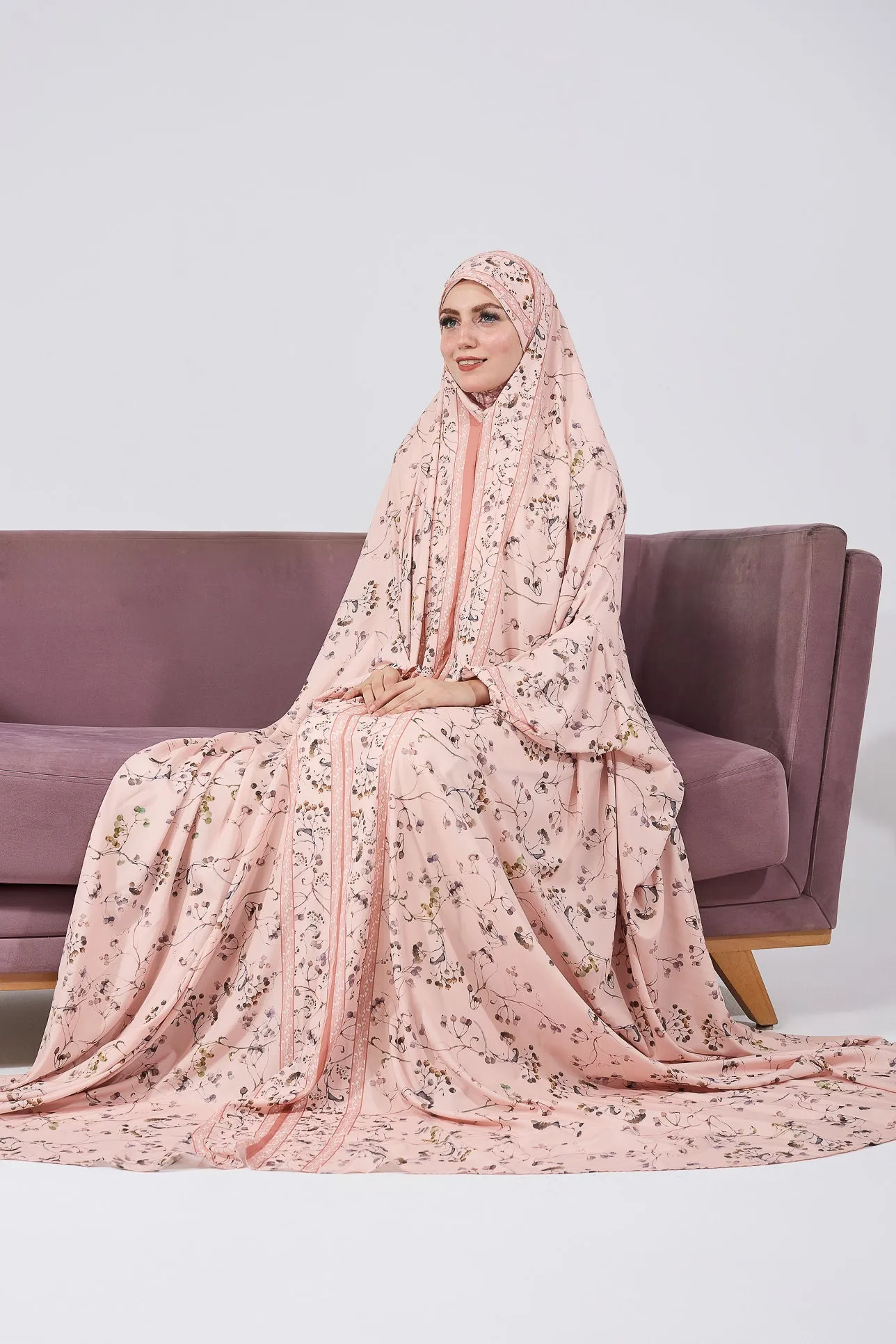Nouria Satin Floral Prayer Gown with Delicate Floral Print and Elastic Cuffs