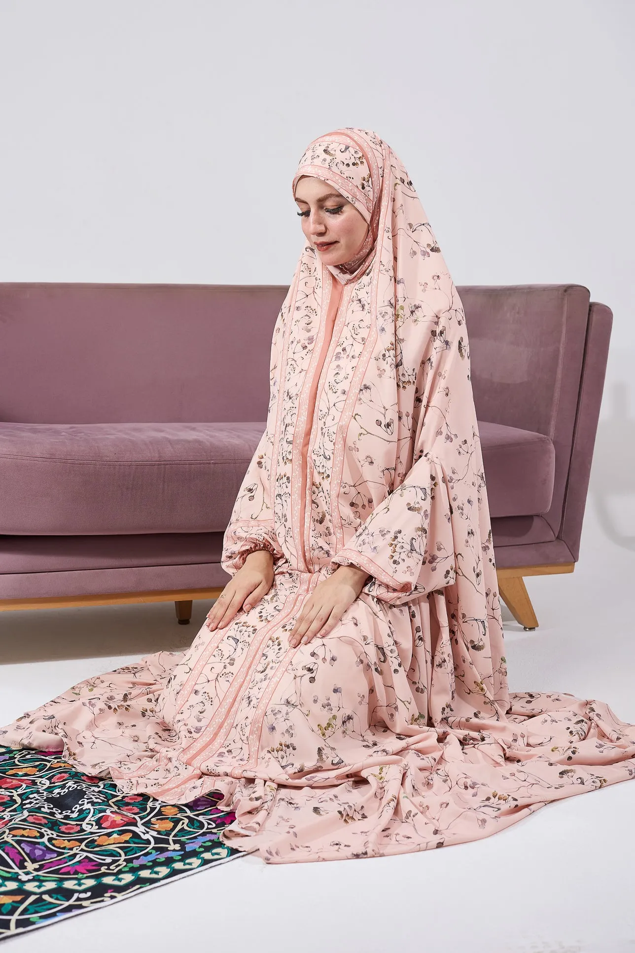 Nouria Satin Floral Prayer Gown with Delicate Floral Print and Elastic Cuffs