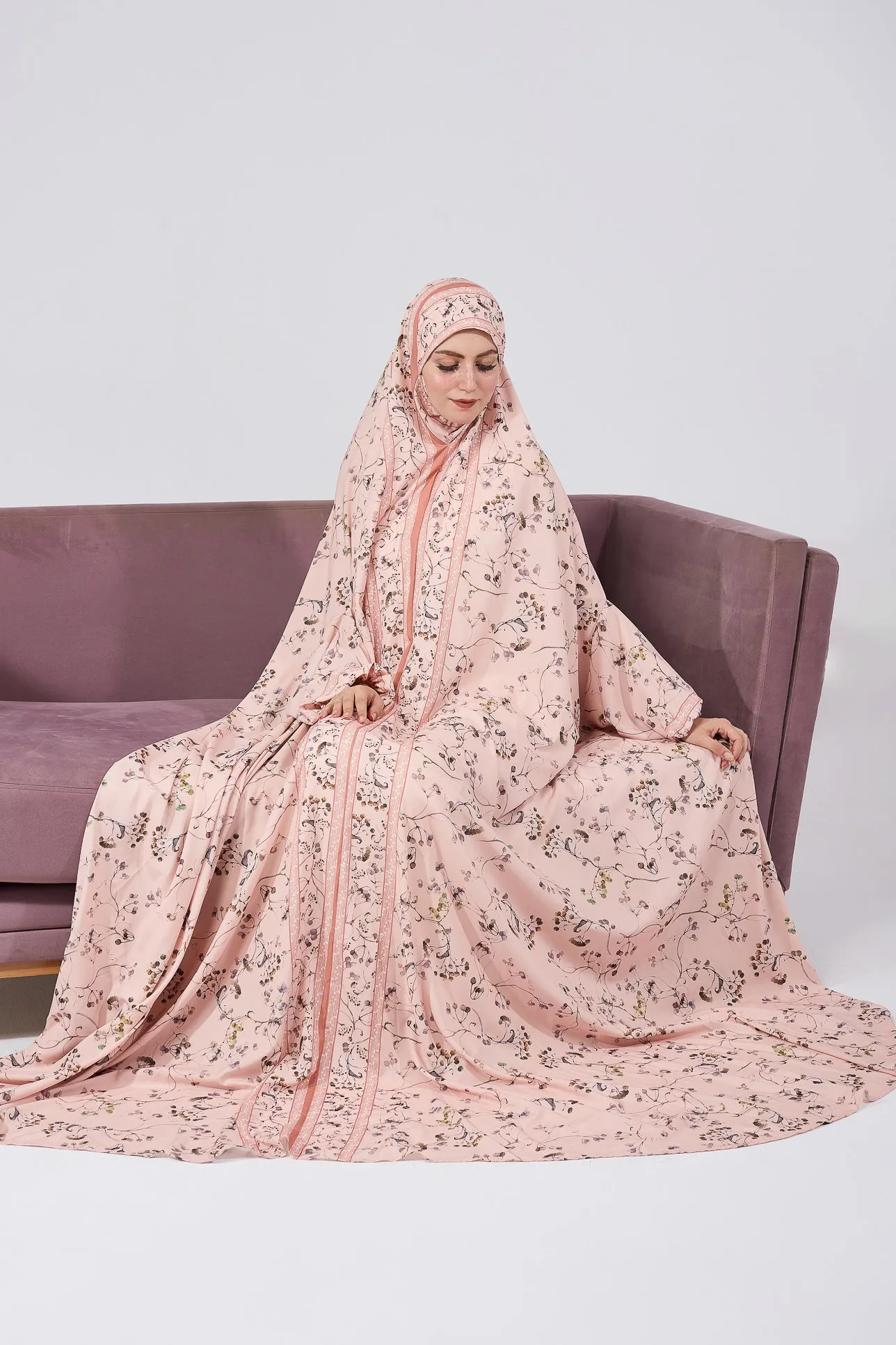 Nouria Satin Floral Prayer Gown with Delicate Floral Print and Elastic Cuffs