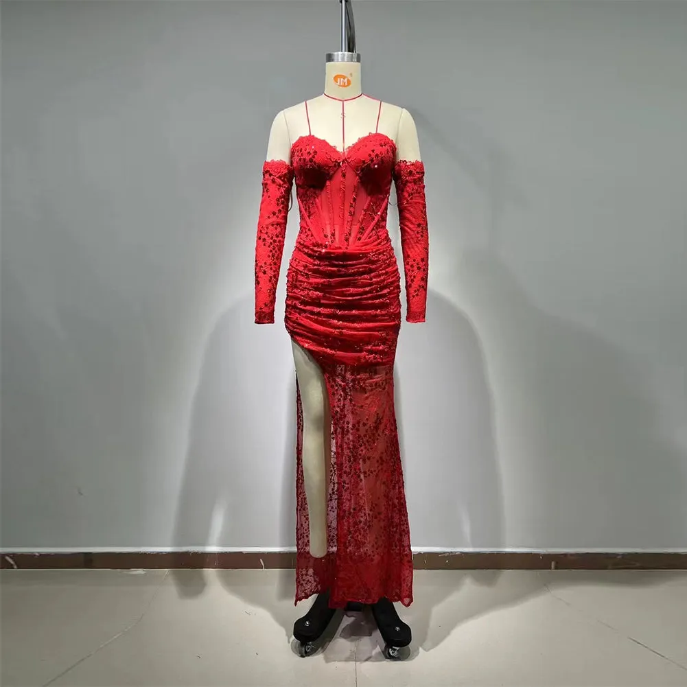 Off Shoulder Long Sleeve Sequins Maxi Bodycon Dress HT963