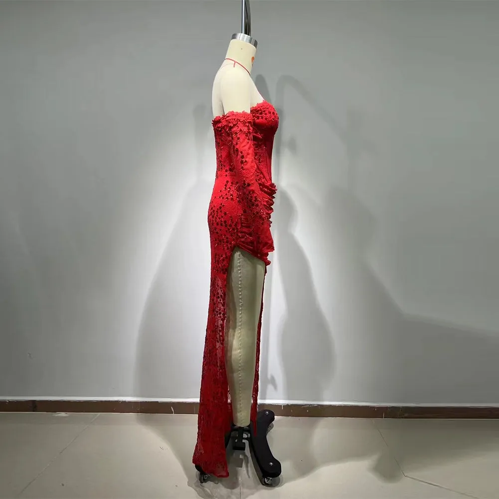 Off Shoulder Long Sleeve Sequins Maxi Bodycon Dress HT963