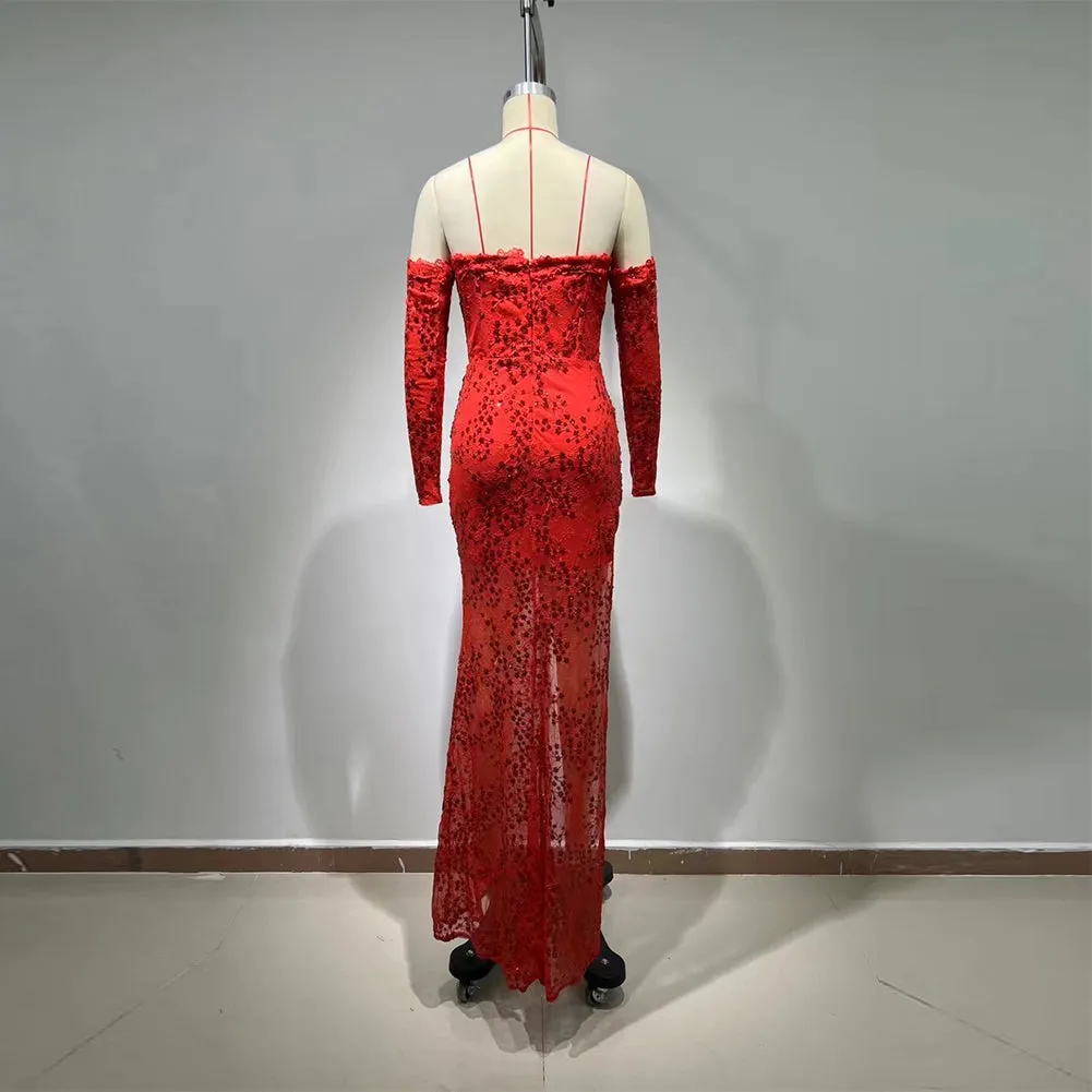 Off Shoulder Long Sleeve Sequins Maxi Bodycon Dress HT963