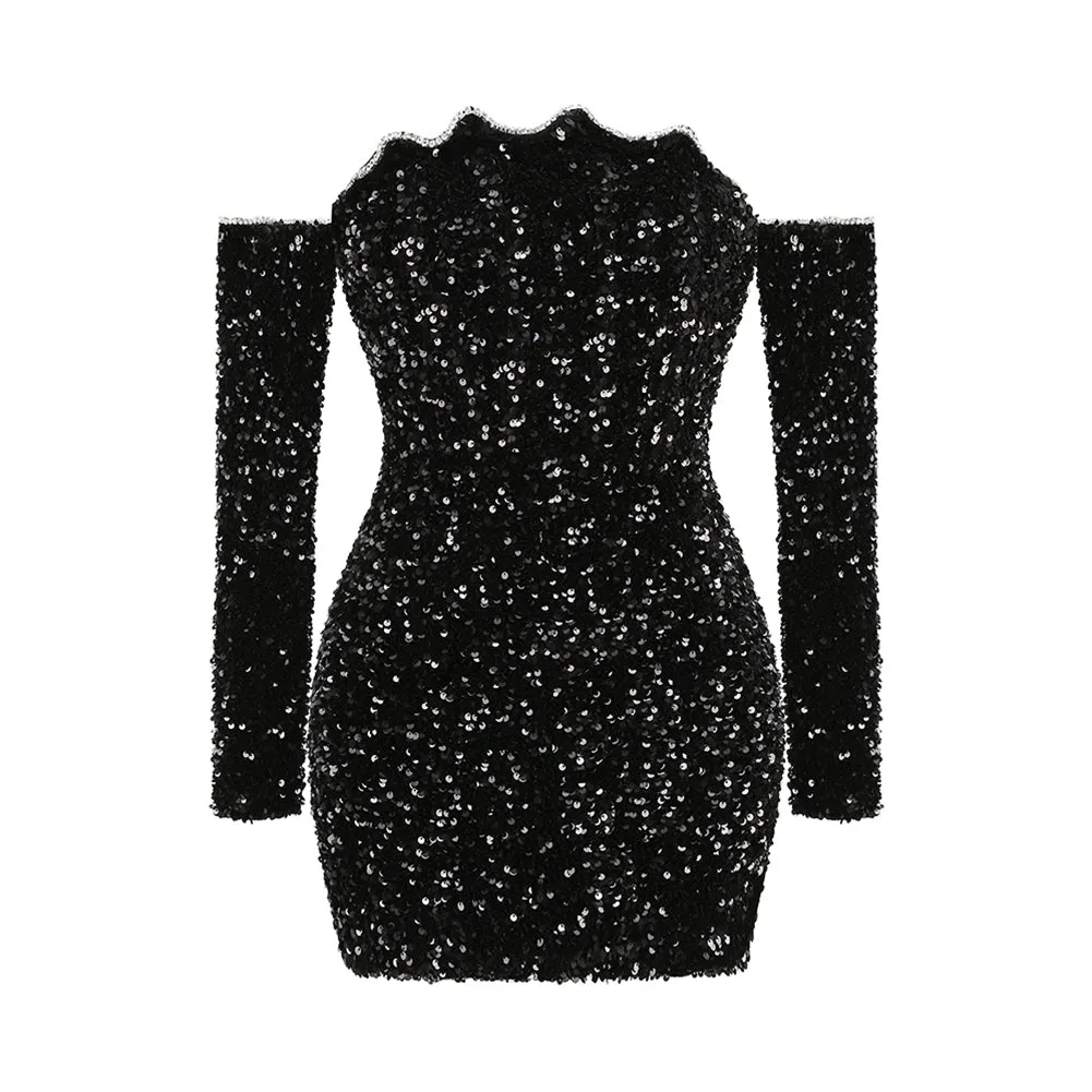 Off Shoulder Long Sleeve Sequins Mini Dress LYF889