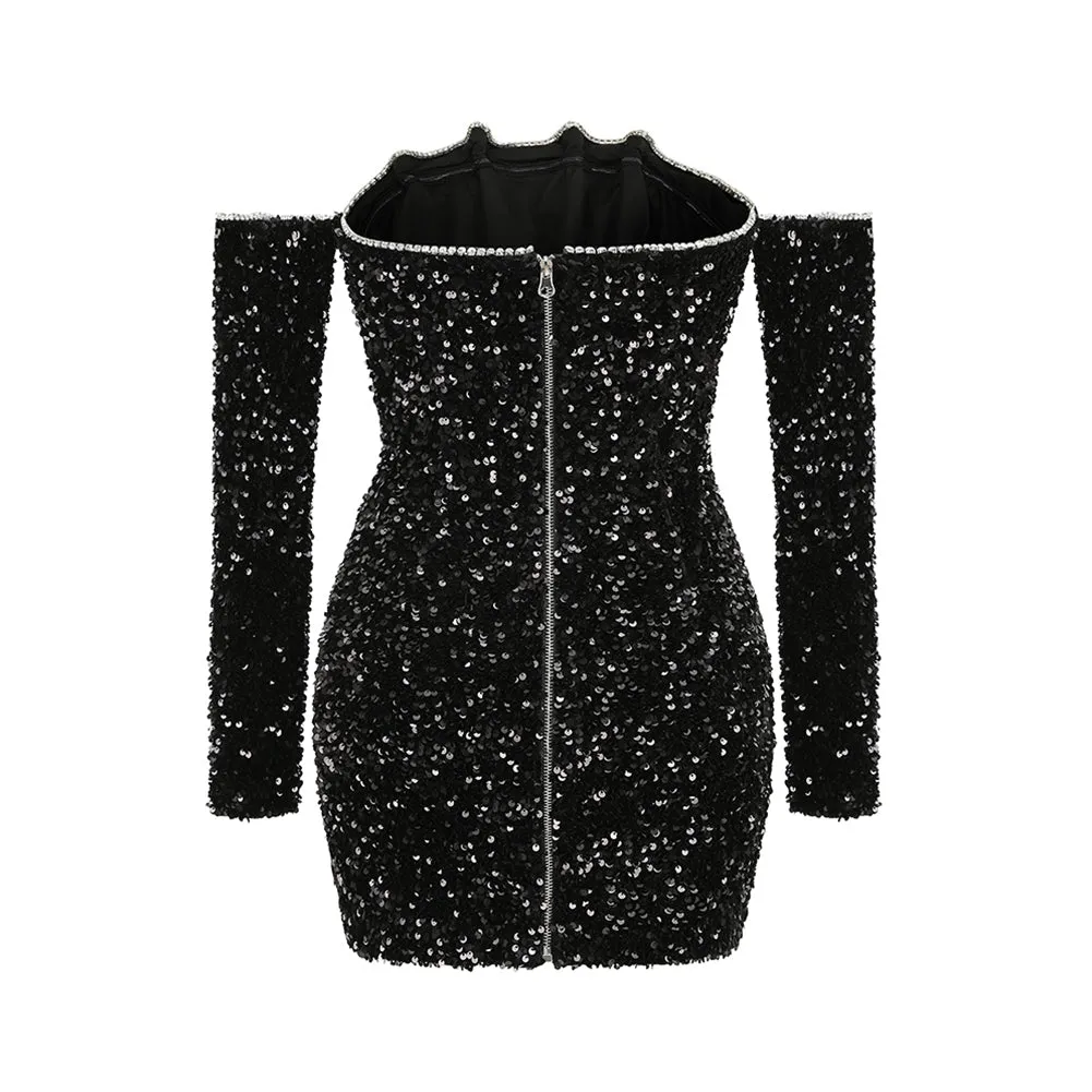 Off Shoulder Long Sleeve Sequins Mini Dress LYF889