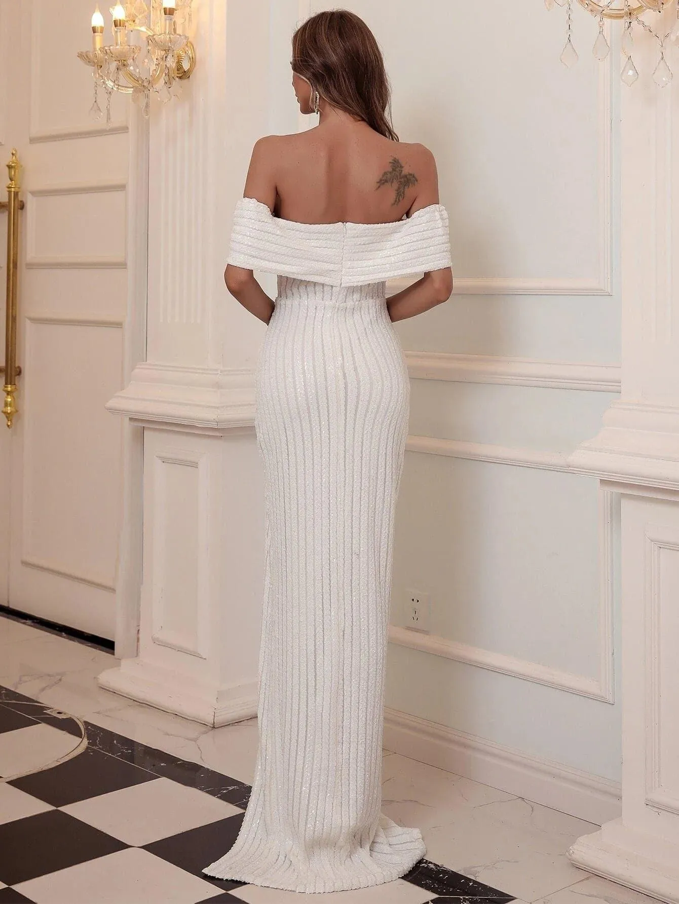 Off Shoulder Split Sequin Prom Dress M0845