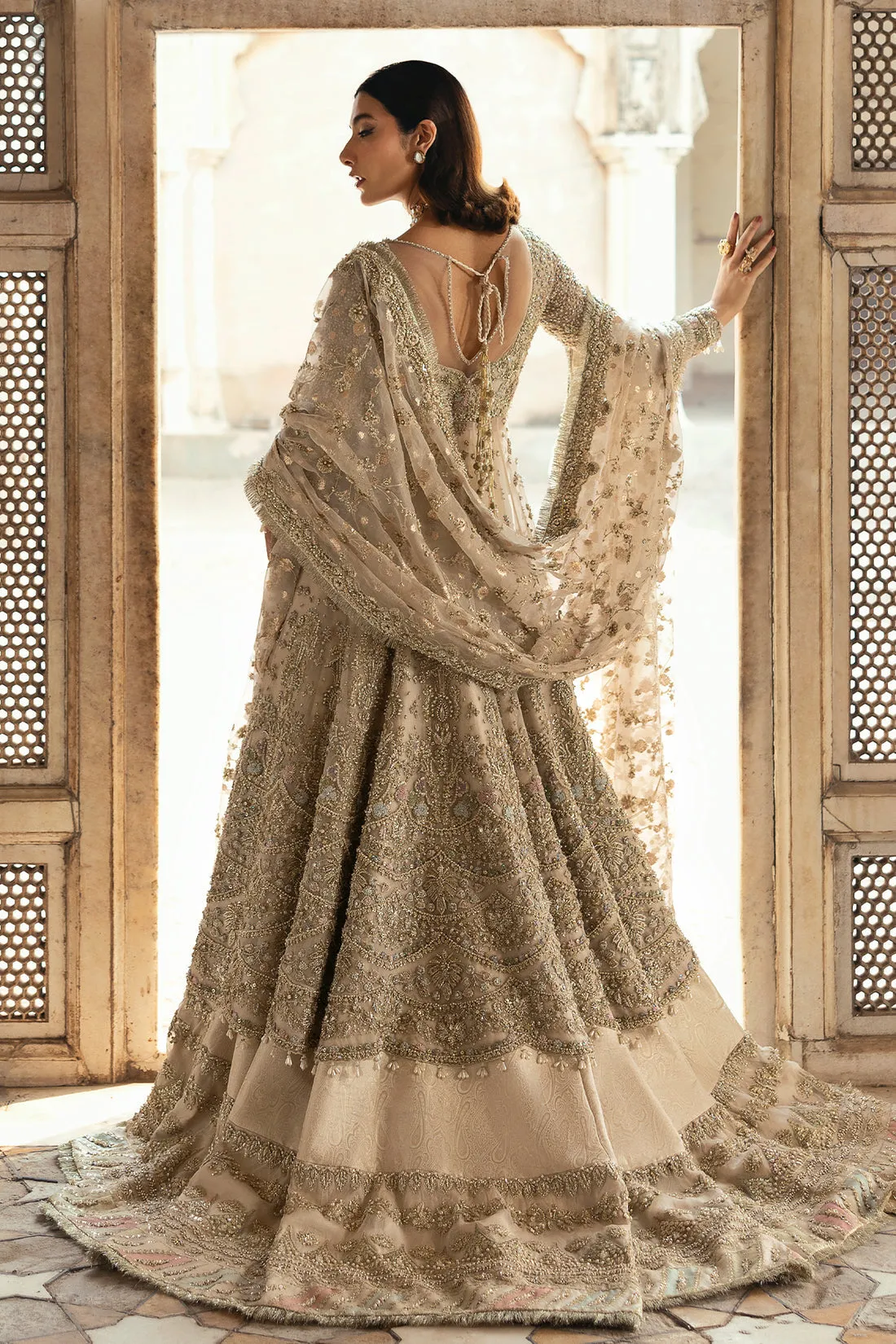 Off White Pakistani Bridal Lehenga and Frock Dress