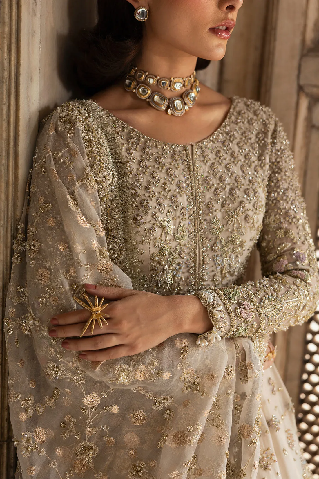 Off White Pakistani Bridal Lehenga and Frock Dress