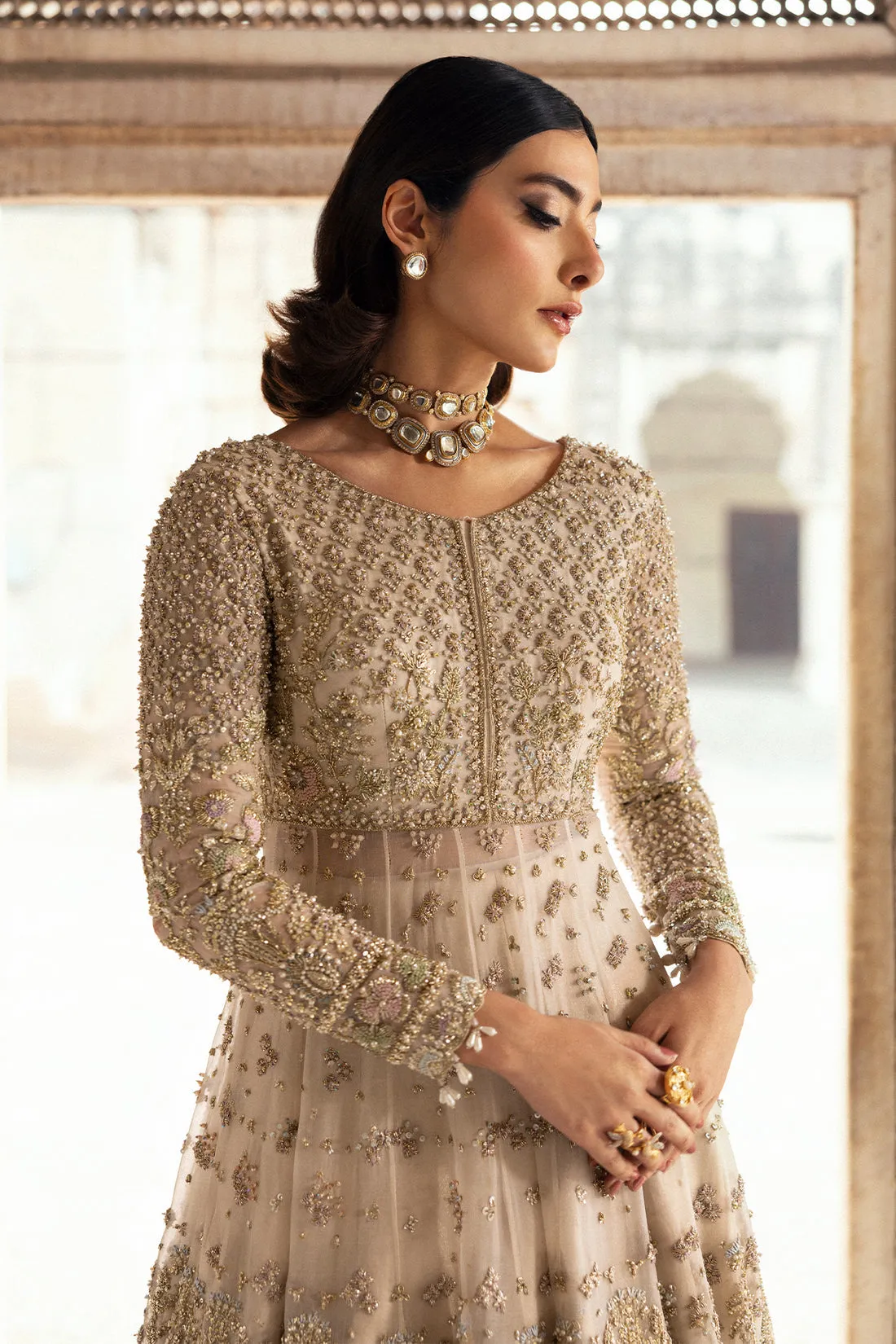 Off White Pakistani Bridal Lehenga and Frock Dress