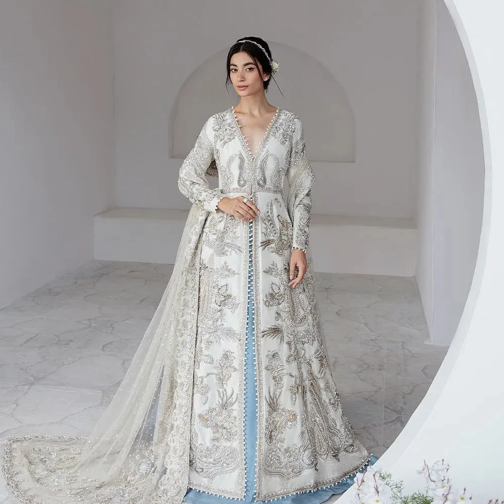 Open Pishwas Frock and Lehenga Pakistani Bridal Dress