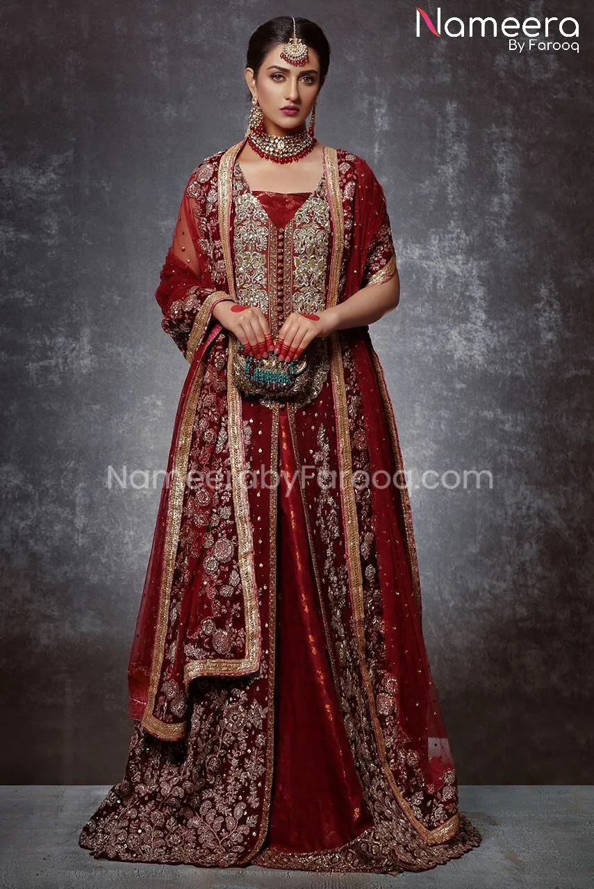Open Shirt Lehenga Deep Red Bridal Dress Online #BS171