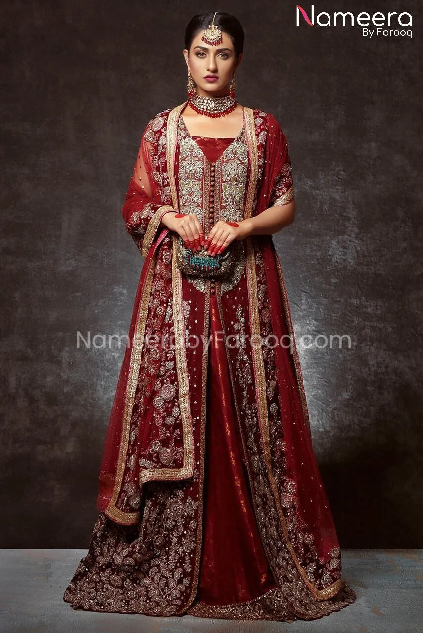 Open Shirt Lehenga Deep Red Bridal Dress Online #BS171