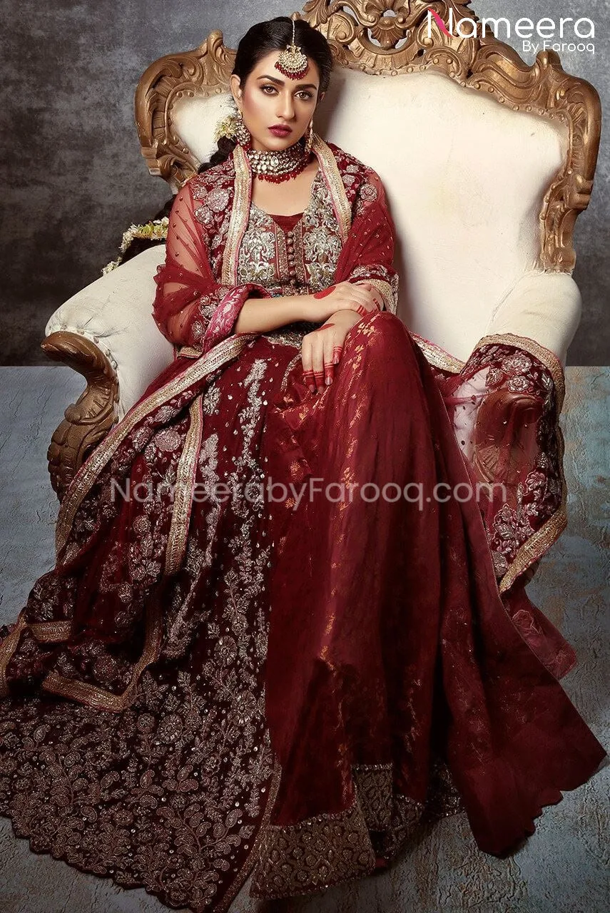 Open Shirt Lehenga Deep Red Bridal Dress Online #BS171