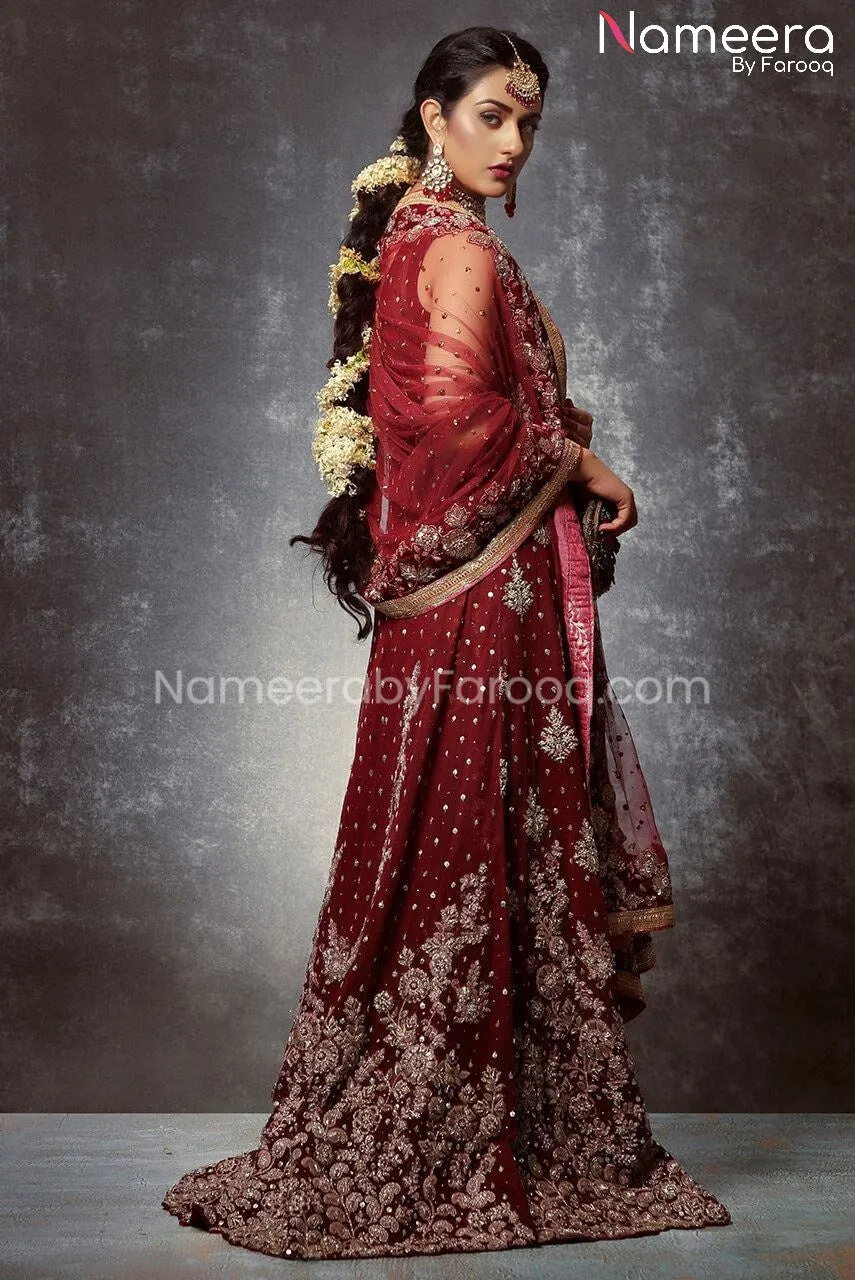 Open Shirt Lehenga Deep Red Bridal Dress Online #BS171
