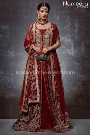 Open Shirt Lehenga Deep Red Bridal Dress Online #BS171