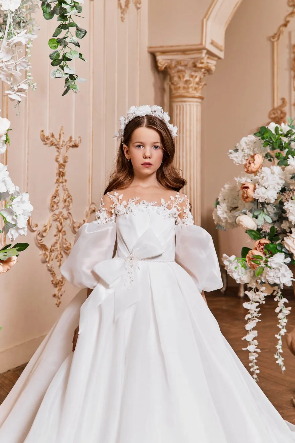 Organza First Communion Dress with Illusion Neckline