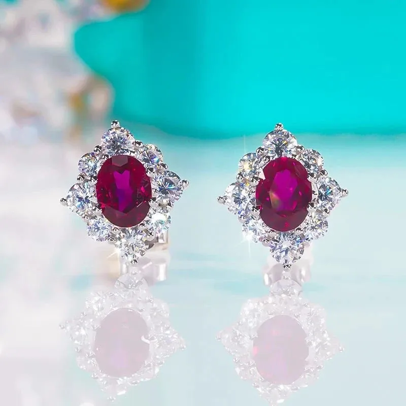 Oval Cut Red Ruby Diamond Halo Engagement Ring