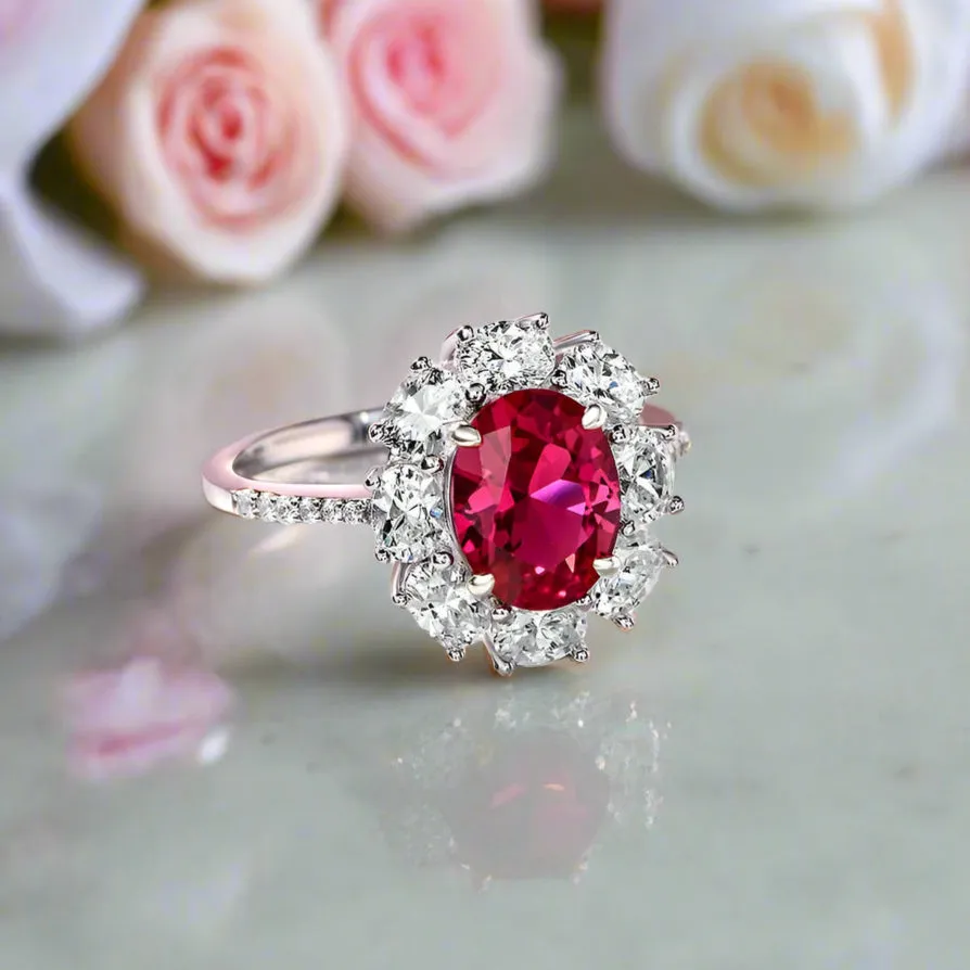 Oval Cut Red Ruby Diamond Halo Engagement Ring