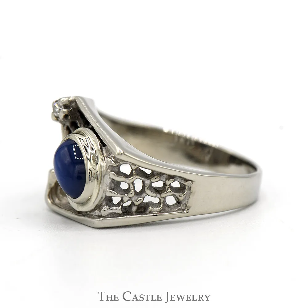 Oval Lindy Star Sapphire Ring with Diamond Accents in 14k White Gold Textured Geometric Mounting