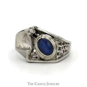 Oval Lindy Star Sapphire Ring with Diamond Accents in 14k White Gold Textured Geometric Mounting