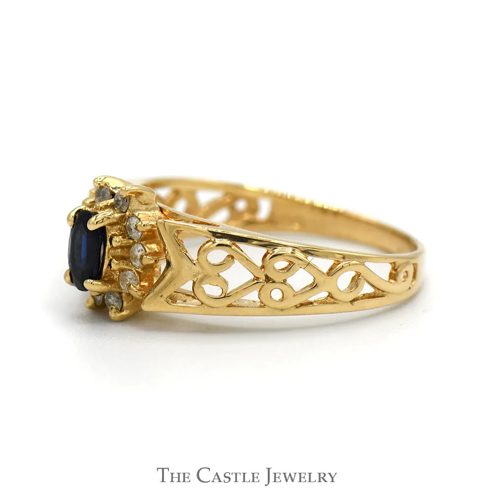 Oval Sapphire Ring with Diamond Halo in 14k Yellow Gold Open Heart Mounting