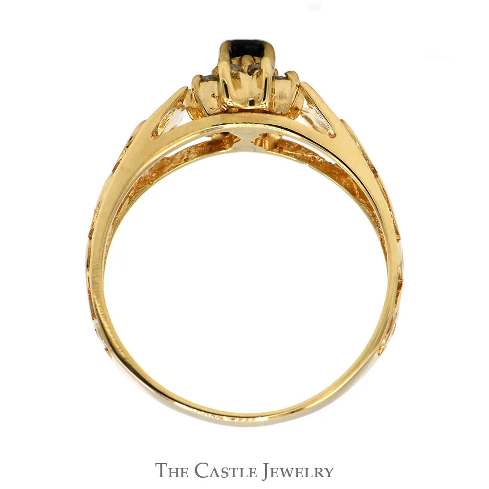 Oval Sapphire Ring with Diamond Halo in 14k Yellow Gold Open Heart Mounting