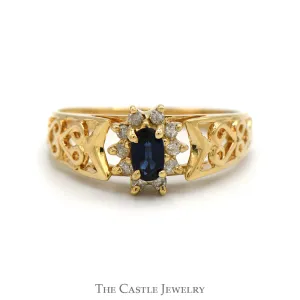 Oval Sapphire Ring with Diamond Halo in 14k Yellow Gold Open Heart Mounting