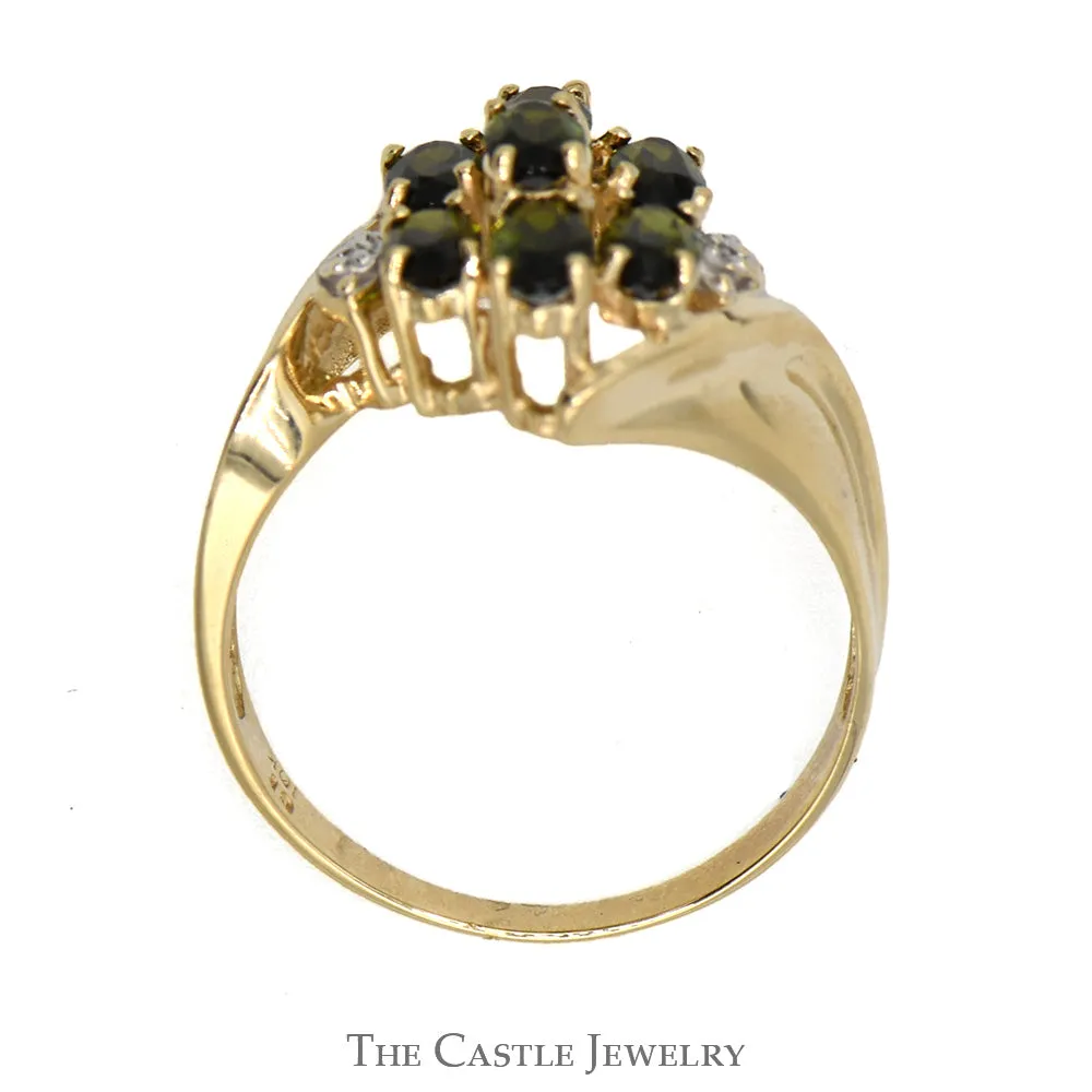 Oval Tsavorite Garnet and Diamond Cluster Ring With .01 CTTW in Bypass Style 10 KT Yellow Gold