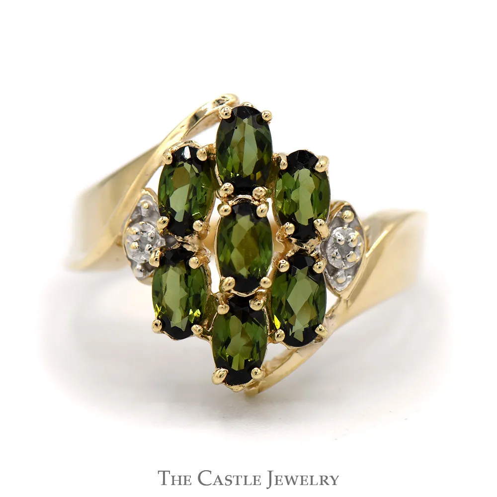 Oval Tsavorite Garnet and Diamond Cluster Ring With .01 CTTW in Bypass Style 10 KT Yellow Gold