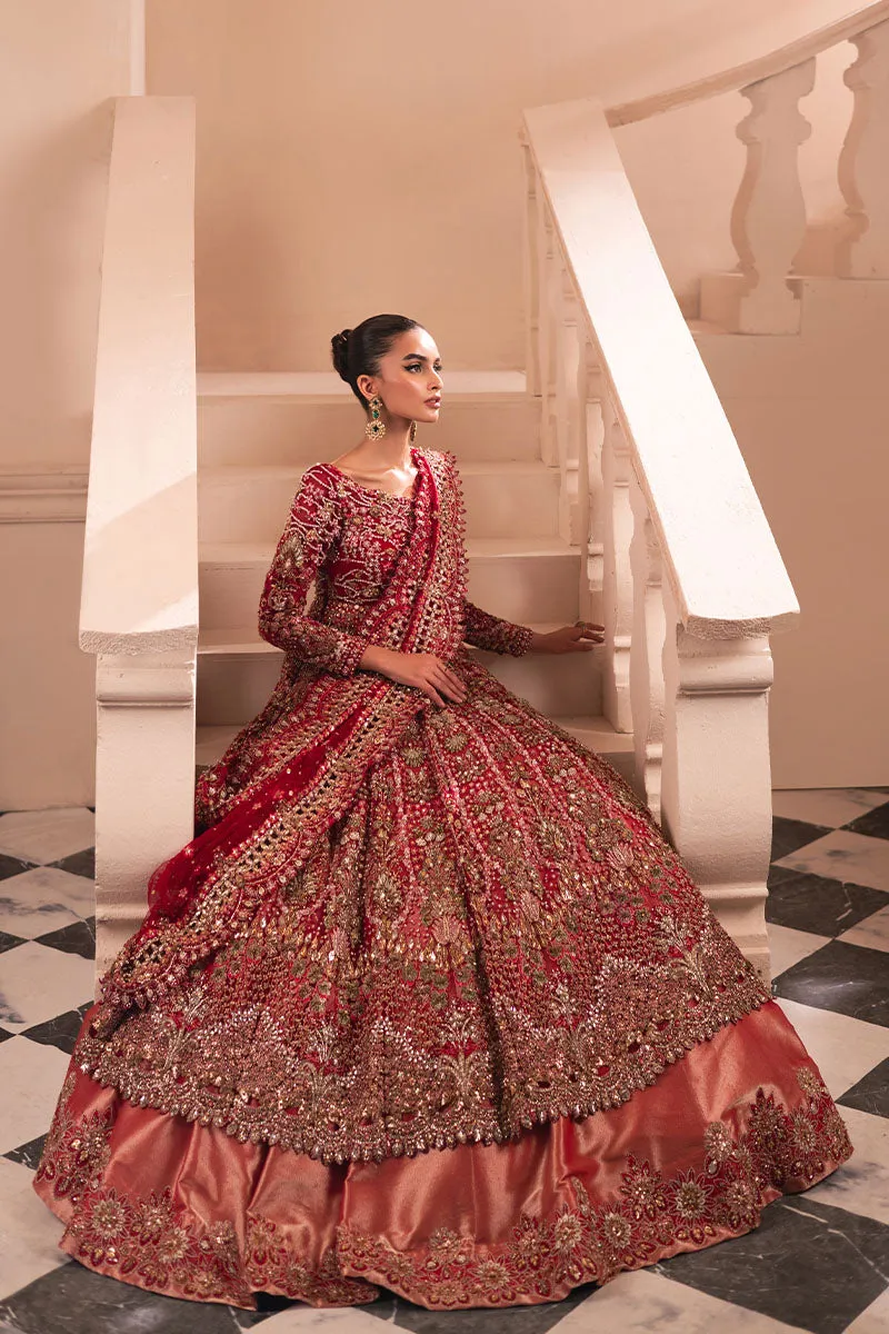 Pakistani Bridal Dress in Pishwas and Red Lehenga Style