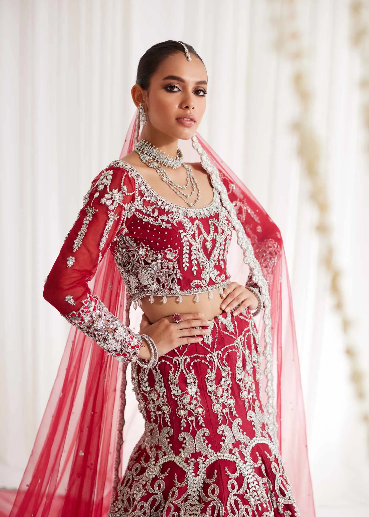 Pakistani Bridal Dress in Red Choli and Lehenga Style