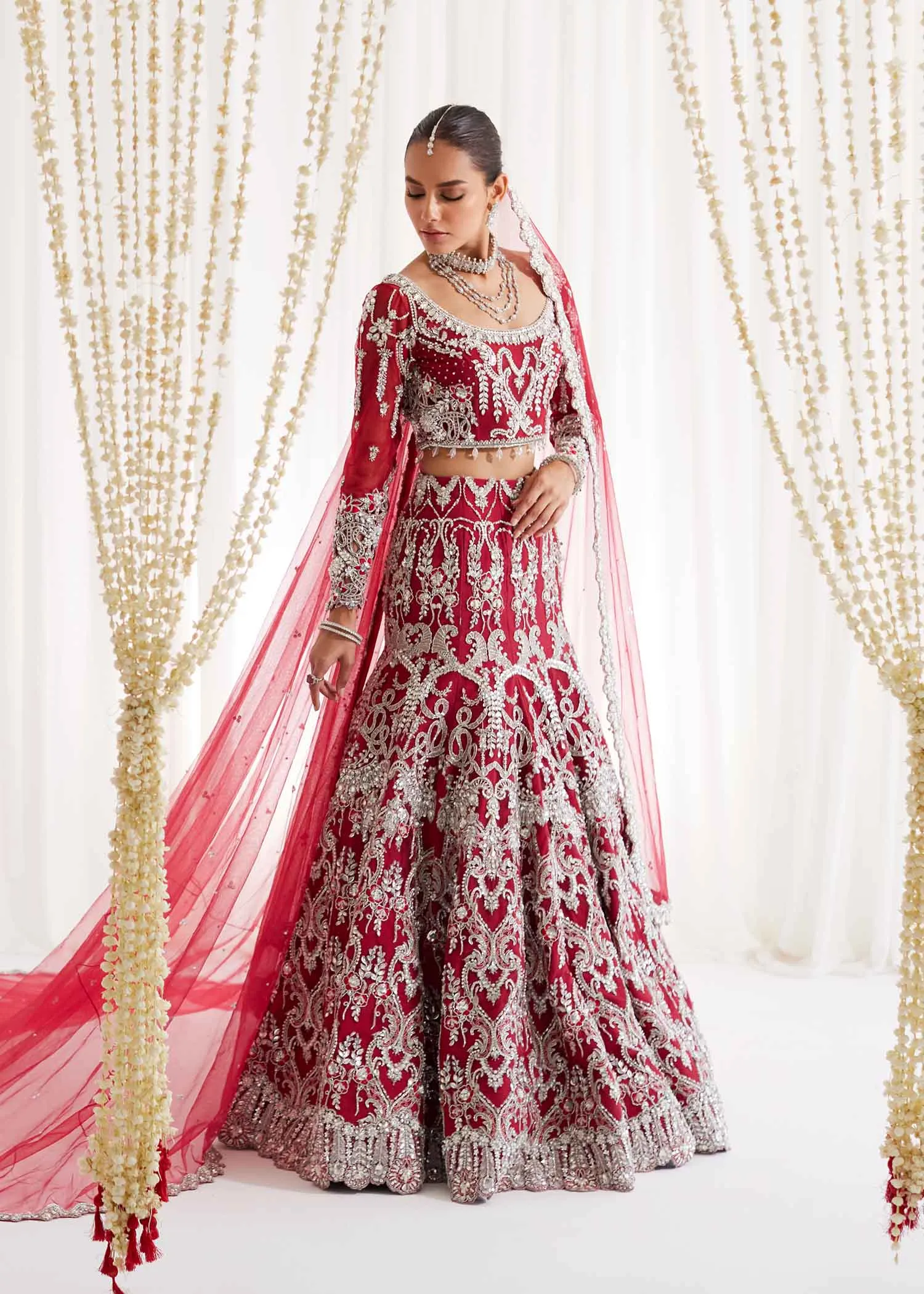 Pakistani Bridal Dress in Red Choli and Lehenga Style