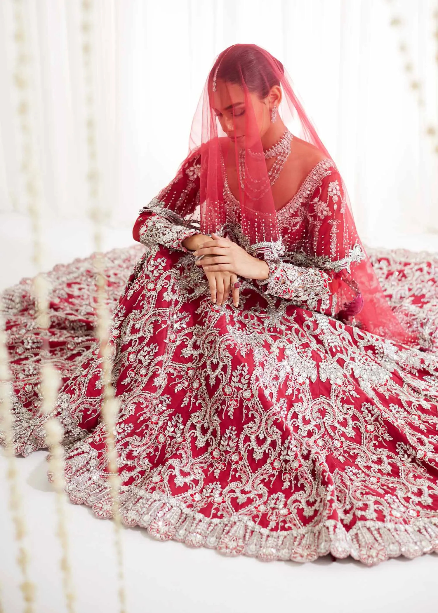Pakistani Bridal Dress in Red Choli and Lehenga Style
